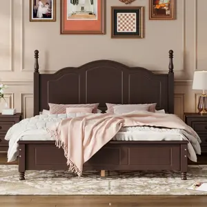 Queen Size Wood Platform Bed Frame with Headboard, Retro Style Platform Bed with Wooden Slat Support, No Box Spring Needed