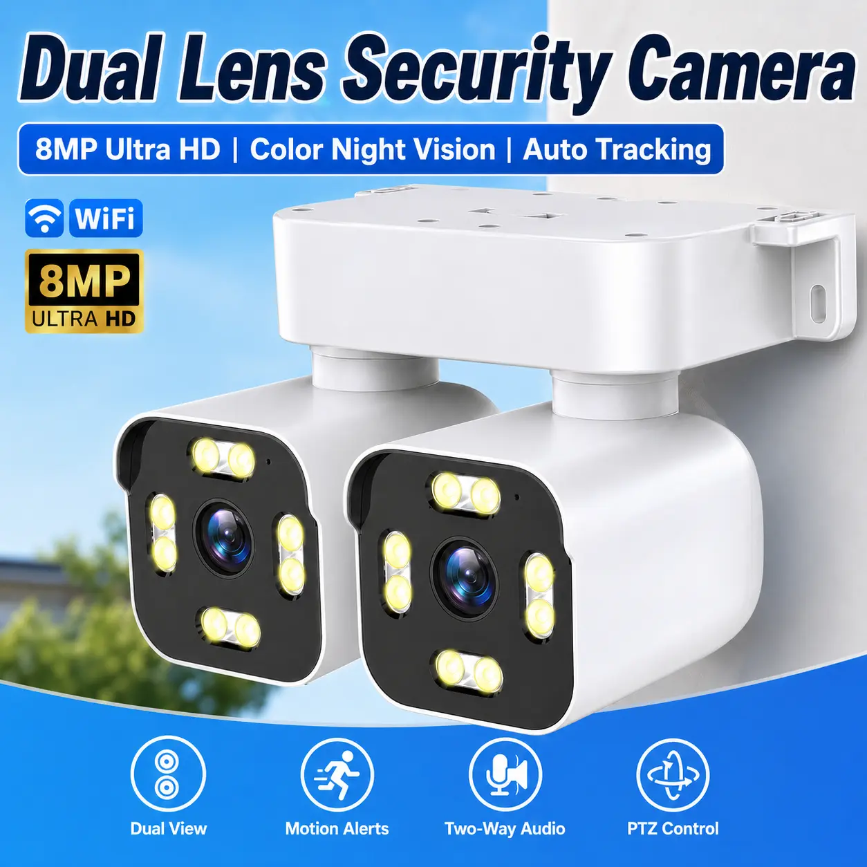 8MP Dual-Lens PTZ Outdoor Security Camera, 90° Corner-Mount Wi-Fi Surveillance Cam with 2 Independent Lenses, Auto Tracking, Color Night Vision, 2-Way Audio, Motion Alerts, Cloud & Micro SD Storage