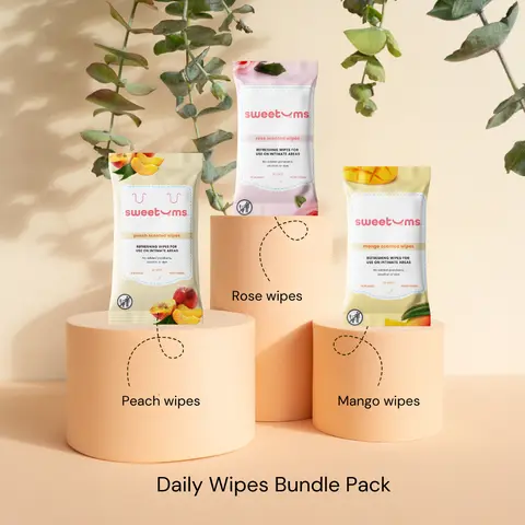 SWEETUMS Intimate Area Wipes Bundle - 3 x 30-Count Packs (Rose Scented, Peach, Mango) - Vegan, pH-Balanced, Purse Stuffers, Mini Toiletries for Purse, Selfcare Feminine Hygiene Wipes Personal Wipes Rose Scented Mango Scented Peach Scented Wipes