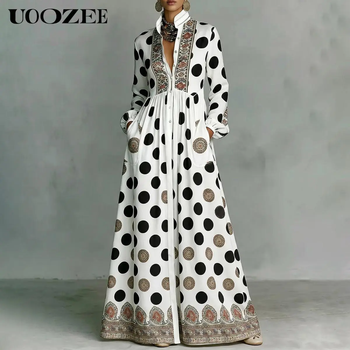 UOOZEE Women's 2026 New Polyester Bohemian Polka Dot Maxi Dress - Balloon Puff Sleeves, Stand Collar, Big Hemline, Tribal Print, Button-Front, Strappy Accents, Pockets, Festival-Feminine Vacation Style (C-Cup+ Ladies Order 1 Size Up), Everyday
