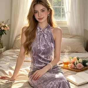 Amethyst Velvet Halter Qipao, Sleeveless Elegant Home & Date New Chinese Dress