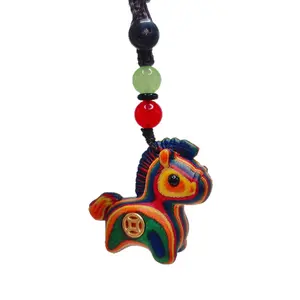 Rainbow Wood Carved Zodiac Horse Pendant Mobile Phone Chain Ornament Bag Decoration
