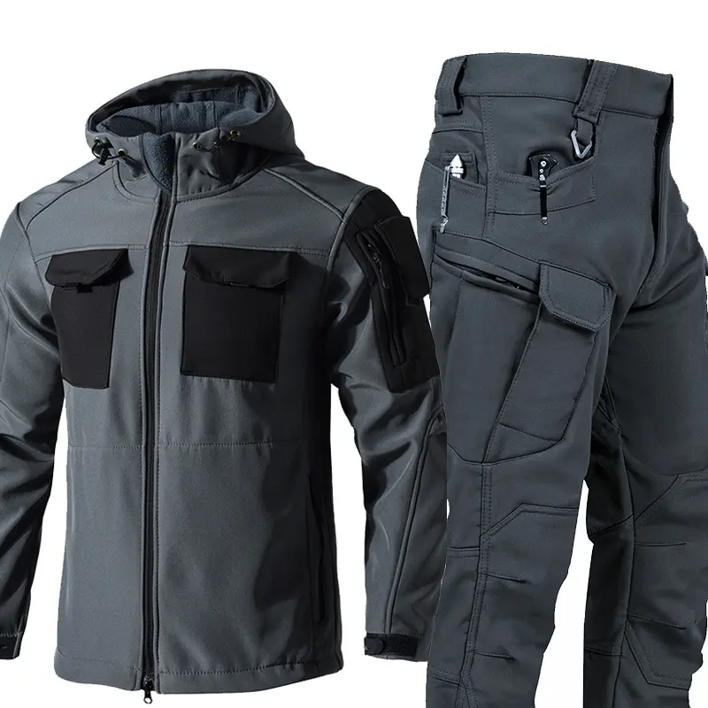 2 Piece Men's Fleece Lined Tactical Set, Shark Skin Softshell Hooded Jacket & Windproof Pants, Fall Winter Outdoor Workwear Suit, Ideal for Hiking, Hunting, Camping & Daily Work