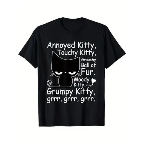 Men's 100% Cotton Short-Sleeve Round Neck Stylish Fitted T-Shirt - Furry Angry Cat Print, Funny Attitude Design for Pet Lovers, All-Seasons Golf Gift Top