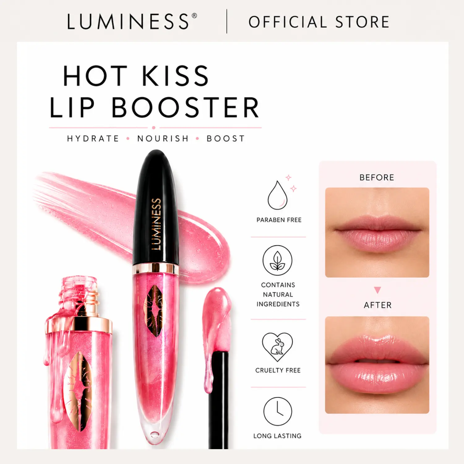LUMINESS Hot Kiss Lip Booster  Plumper | Maximum Plumping Lip Gloss for Fuller-Looking Lips, Hydrating, Moisturizing & Revitalizing Lip Stain with Shea Butter & Vitamin E, Lip Moisturizer, Vegan & Cruelty-Free