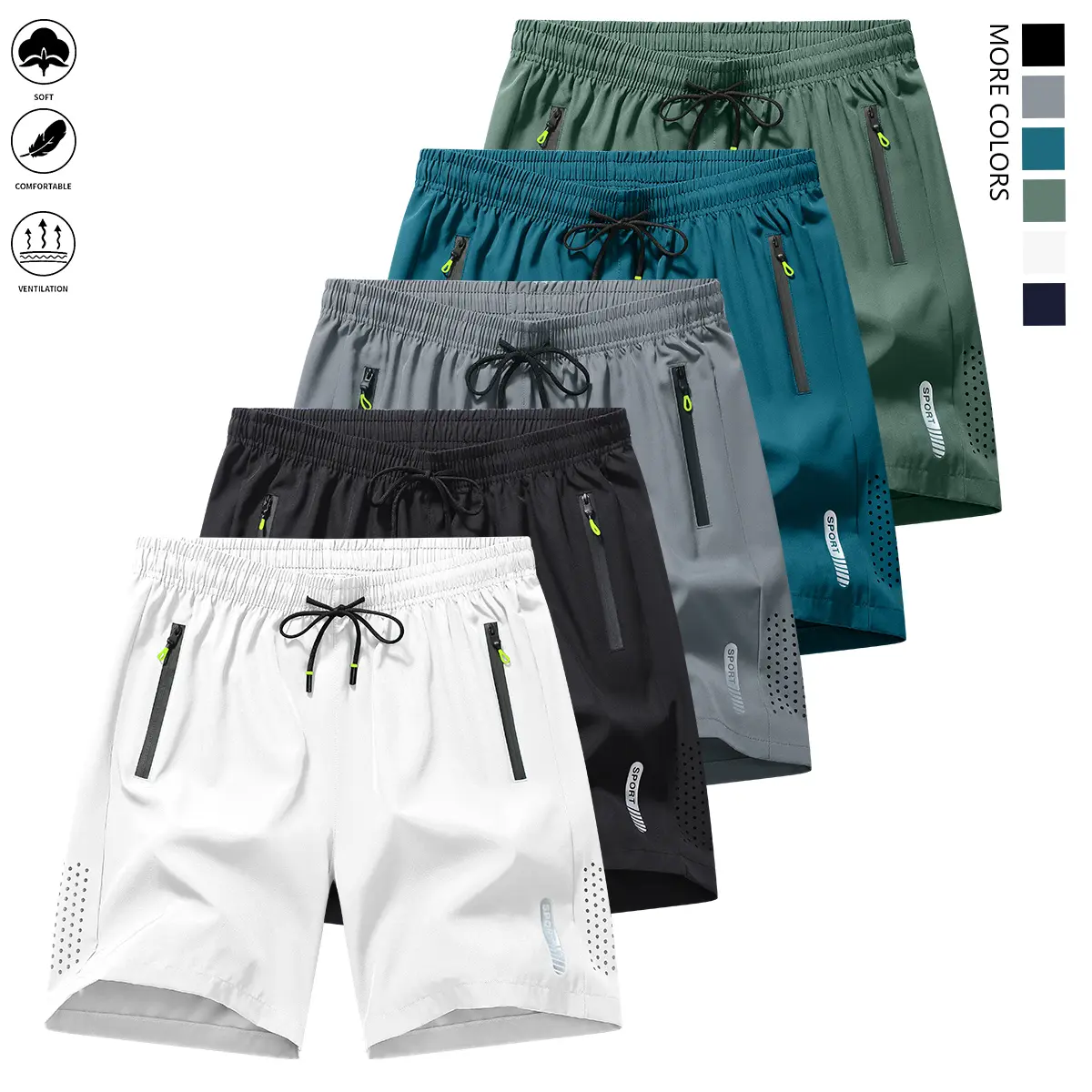 5PCS summer men’s lightweight breathable quick-dry beach shorts, men’s drawstring shorts with zipper pockets, breathable everyday men’s short pants set, gift, suitable for him, summer quick-dry solid beige tropical-style swim trunks