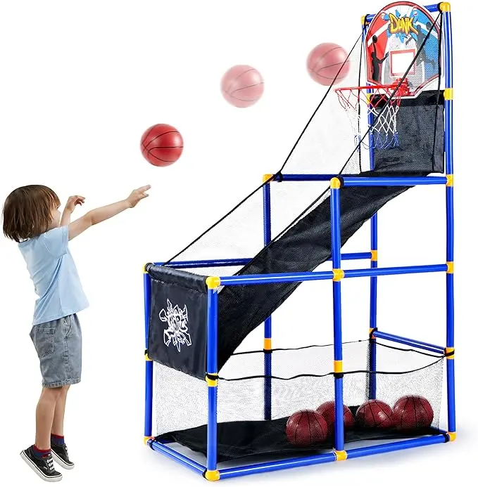 2025 Toys for Kids Arcade Basketball Game Set with 4 Inflatable Balls & Hoop Outdoor Sport Play Easy Set Up Air Pump for Kids Boys Adjustable basketball hoop &LED Basketball Backboard