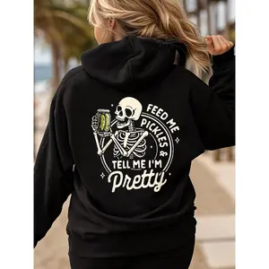 Fun Pickle Lover Hoodie/T-shirt - 'Feed Me Pickles & Tell Me I'm Pretty' Design - Black Women's Long Sleeve Hooded - Cute Casual Outfit Gift for Pickle Womenswear Tops Pullover