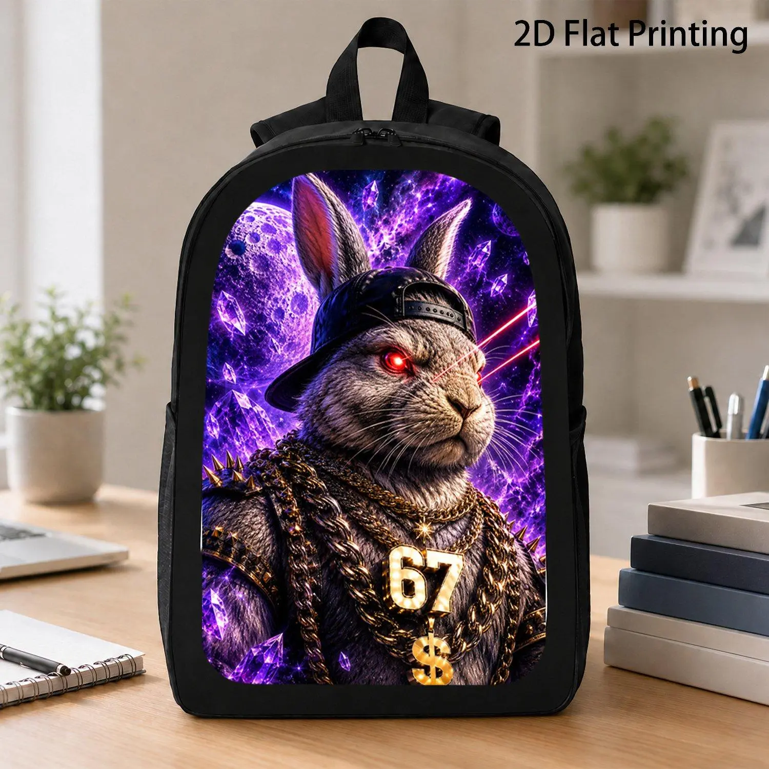 [17 Inch Backpack] Purple Crystal Space Gangster Rabbit Hip Hop Cap Gold Spiked Chains Number 67 Red Laser Eyes Moon Galaxy Backpack Viral Forest Animal Casual Travel Laptop Backpack