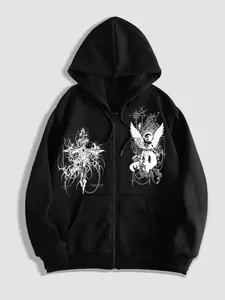 Men's Gothic Dark Angel Print Zip Fitted Hoodie, Casual Street Style Fall & Winter Fashion, Perfect Match for Trendy