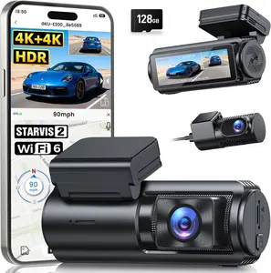 GKU 4K+4K Dash Cam Front and Rear, STARVIS 2 Sensor, 5.8GHz WiFi 6 Up to 20MB/s Download, HDR Night Vision, Dash Camera for Cars with GPS, Voice Control, 24/7 Parking Mode, 128GB Card Included