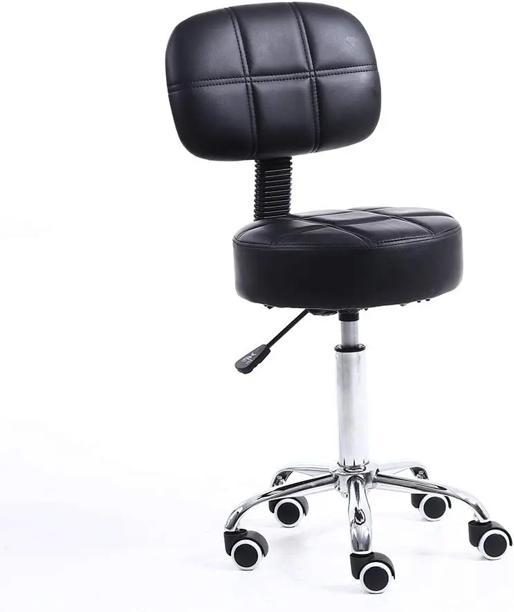 KKTONER Modern PU Leather Height-Adjustable Swivel Round Rolling Stool with Back & Wheels, Adjustable Armless Chair for Office, Drafting Work (Black), Back Pad Stools, 360-Degree Universal Stools