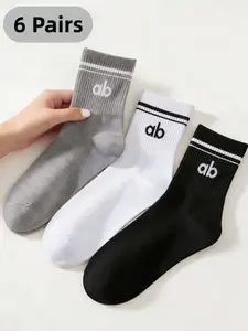 6 Pairs Unisex Minimalist Striped Crew Socks, Soft Ribbed Knit Socks With Letter Logo, Lightweight Comfortable Mid Calf Socks, Fashionable Casual Socks, Suitable For Daily Commute, School, Outdoor Activities, Men & Women All Year Round