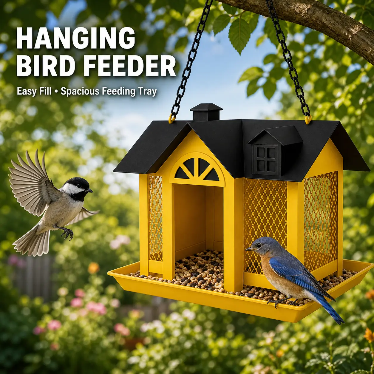 TUFFYUKI Hanging Bird Feeder For Outdoors Metal House With Wide Feeding Tray Easy Fill Open Perch Design Wild Bird Seed Station For Backyard Garden Patio Tree