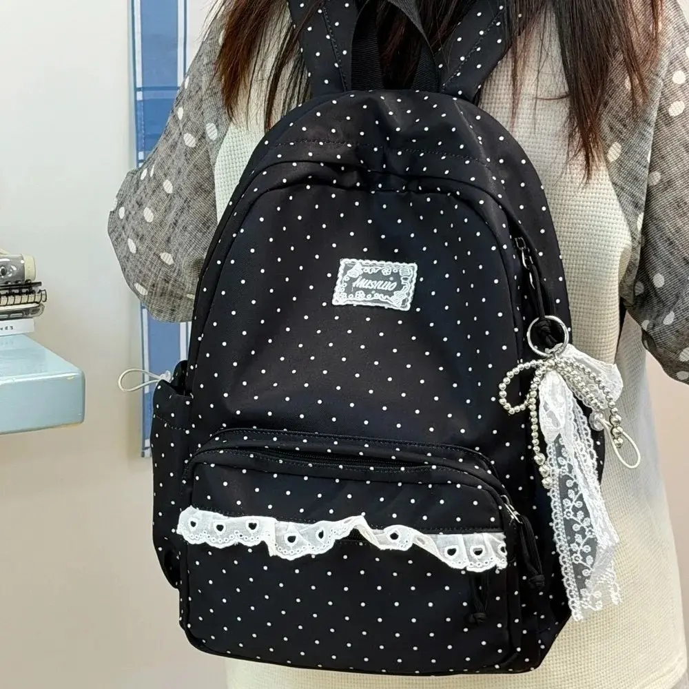 Fashion Polka Dot Travel Backpack Large Capacity Nylon Student Schoolbag with Lace Multi-pocket Laptop Daypack