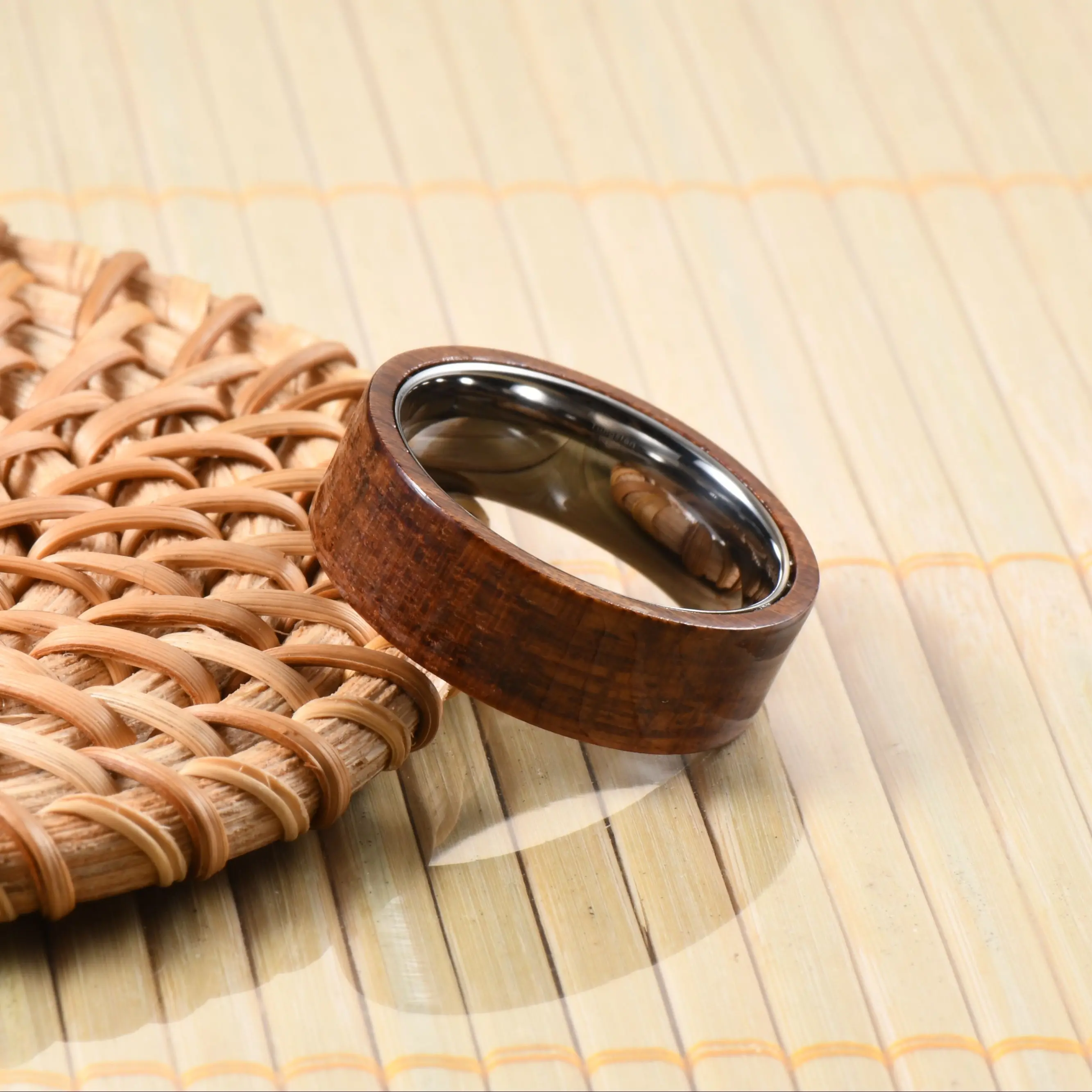 Men's Hawaiian Koa Wood Inlay Tungsten Carbide Ring 8mm Wedding Band for Male with Natural Wood Design