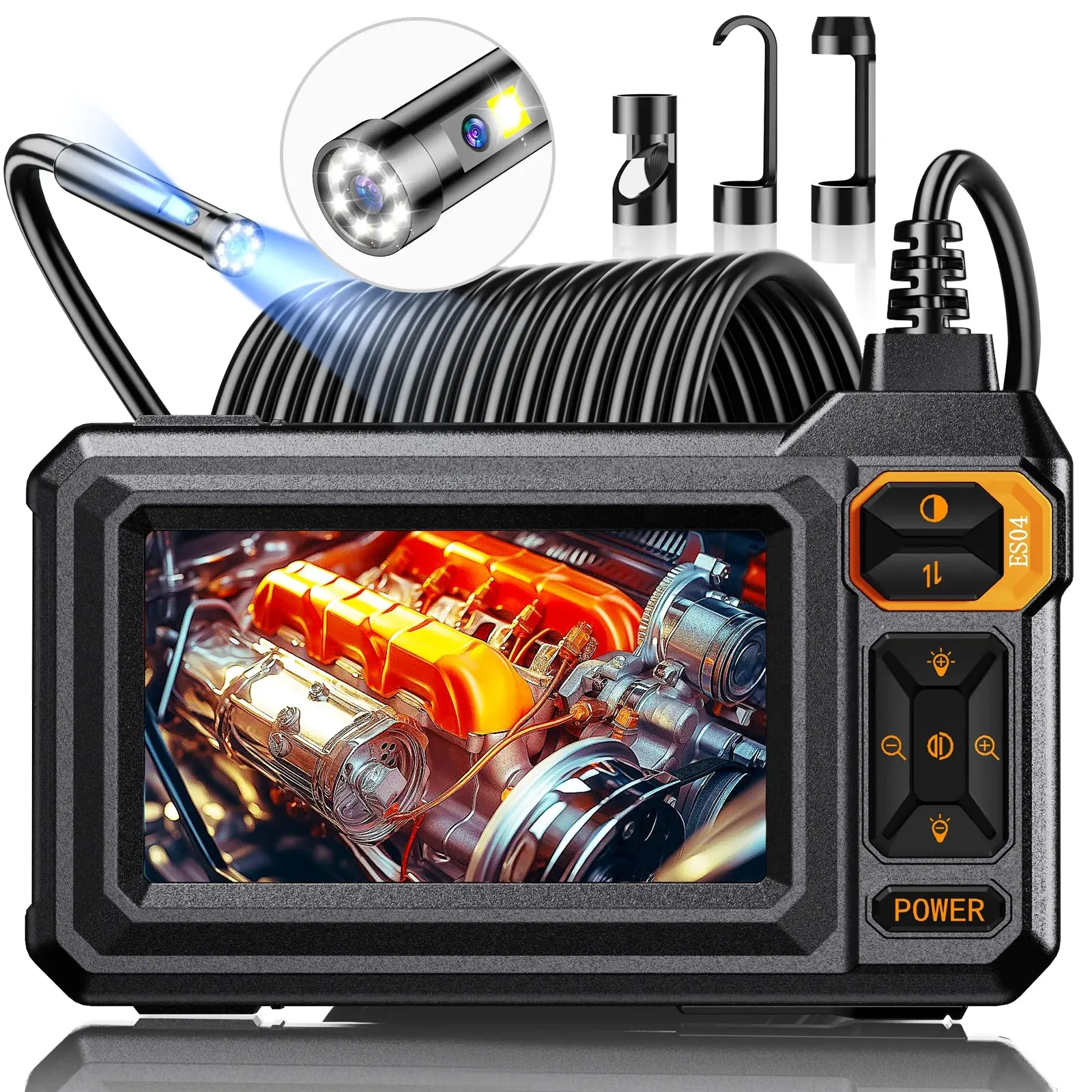 Dual Lens Borescope Endoscope with Light, 4.3" IPS 1920P HD Inspection Camera, 7.9mm Waterproof IP67 Rated, 16.4FT Semi-Rigid Snake Cable for Car Repair, Sewer Check
