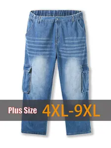 Men's Wide Leg Jeans 4XL-9XL High Elastic Waistband Durable Workwear with Multiple Pockets Comfortable Fit Plus Size