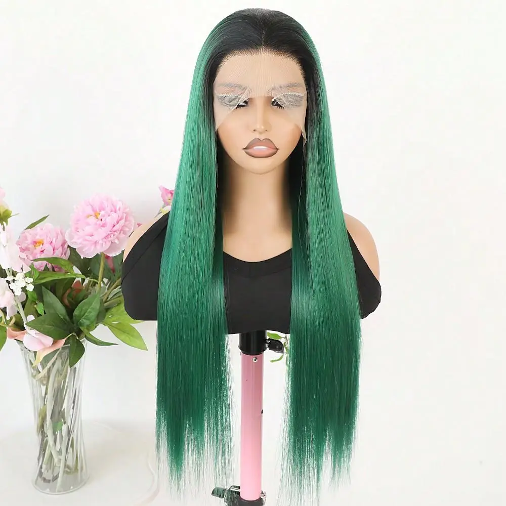 13X4 Green Lace Front Synthetic Wig Black Green Ombre Color Wigs Long Silky Straight Lace Front Wig Glueless Heat Resistant Fiber Hair Replacement Wig For Women Cosplay Party & Daily Use