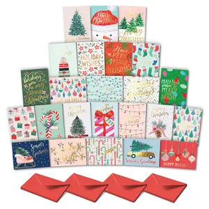Christmas Cards Set - 24 Gold Foil Holiday Cards with Red Envelopes – 24 Assorted Designs Boxed for Easy Storage - Bulk Greeting and New Years Cards - 4.25”x5.75”