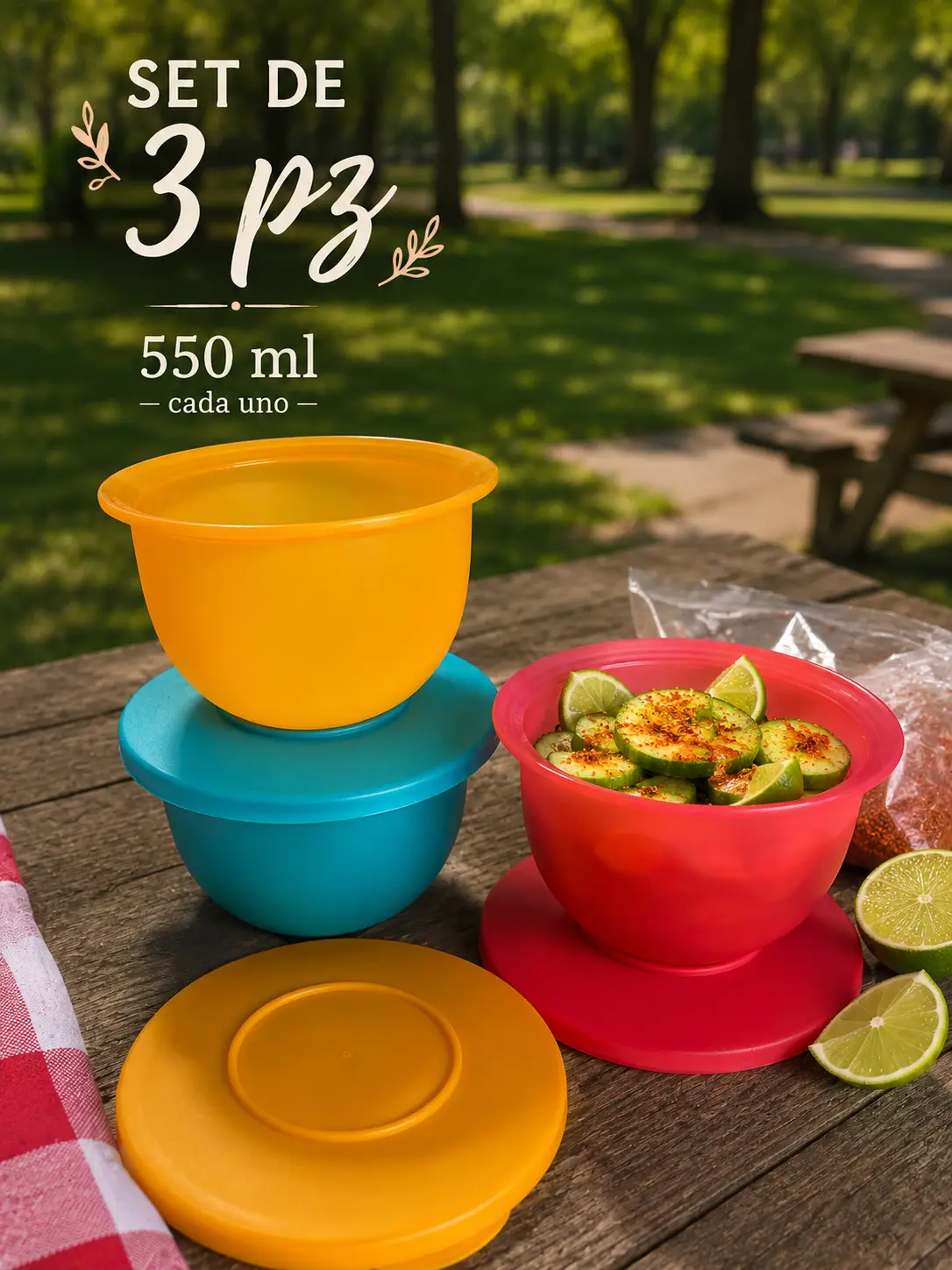 3-Pack 550 mL Plastic Food Storage Bowls with Lids, Reusable Multicolor Kitchen Containers, Orange, Blue & Red