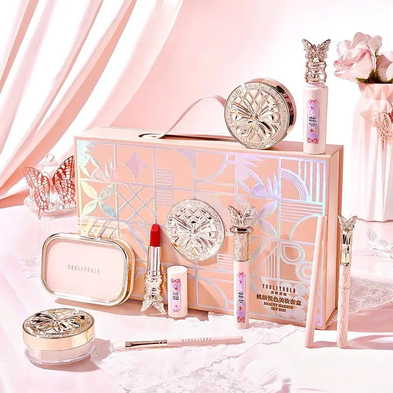 Peach Face Delight Facial Makeup Set: Eye Shadow Palette, Lipstick, Cushion Concealer, and Foundation Combo. Cosmetic Gift Set, Holiday Gift Idea, Christmas Gift Suitable for Girls, Makeup Gift Sets