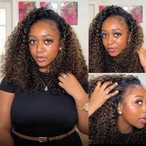 Tuneful P1B30 Kinky Curly Half Wig Human Hair Wig 180 Density Glueless Upgrade 3 In 1 Drawstring Seamless Clip Ins Flip Over Water Wave Human Hair Wig Highlights 1B/30 Half Wigs For Black Women