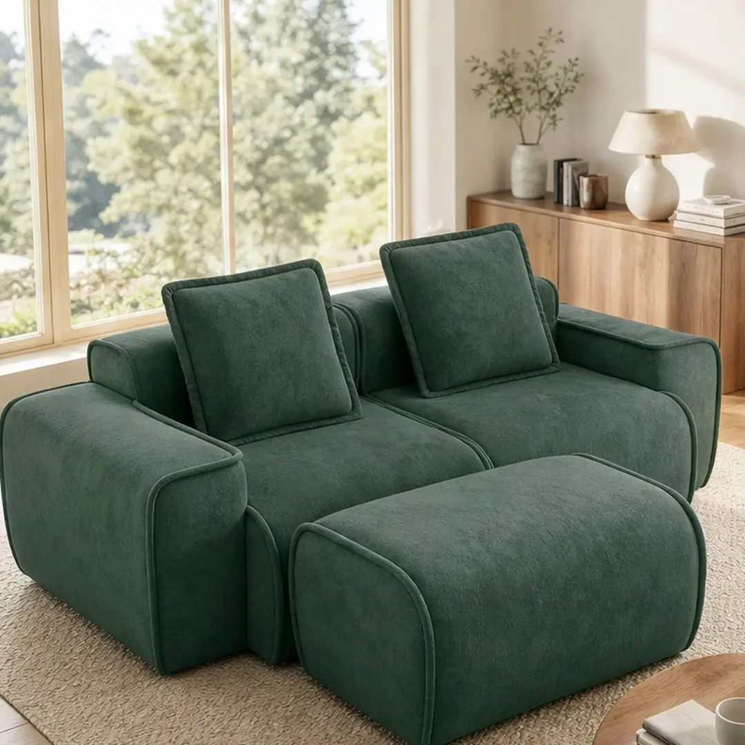 ARCH Modular 2 Seat L Shape Sectional Boneless Sofa with French Edge Piping, No Assembly Required, Velvet Fabric Couch with Throw Pillows and Movable Ottoman, Green, Multiple Color Options, Living Room Furniture, Velvet Material, 2 Seat Seat Count