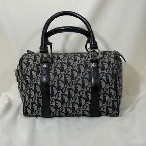 Pre-owned Dior Christian Trotter Monogram Canvas Boston Bag Vintage Retro Style with Black Leather Handles & Silver Tone Hardware