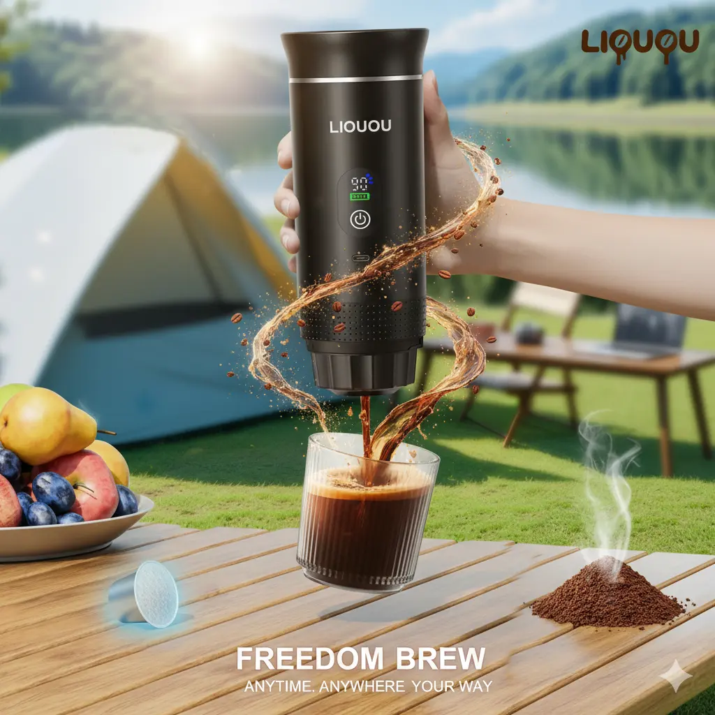 LIOUOU Portable Self-Heating Espresso Maker , Works with Pods or Ground Beans, Ideal for Travel & Office Use.