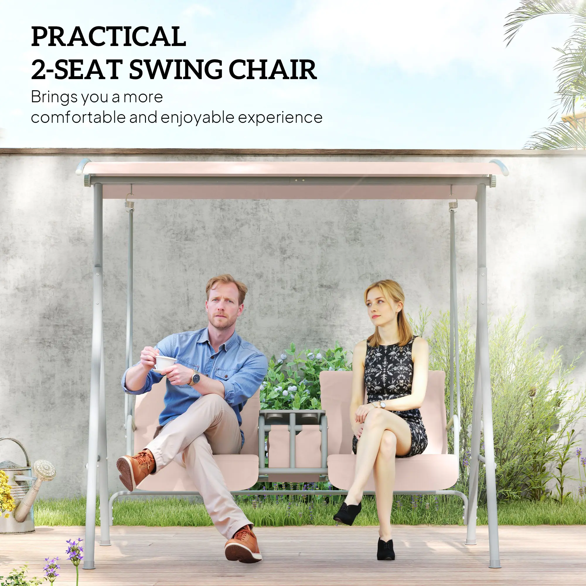 Outsunny 2 Person Porch Swing with Stand, Outdoor Swing with Canopy, Storage Table, 2 Cup Holders, Cushions for Patio, Backyard