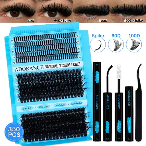 ADORANCE 350PCS Lash Cluster Kit - D Curl, 3 Mixed Types (Spike/60D/100D), 10-18mm, with Bond & Seal, Remover, Applicator - All Levels DIY Dramatic Lashes, False Eyelashes & Adhesives