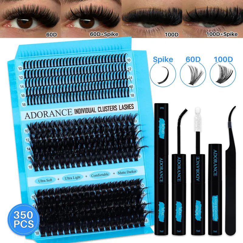 ADORANCE 350PCS Lash Cluster Kit - D Curl, 3 Mixed Types (Spike/60D/100D), 10-18mm, with Bond & Seal, Remover, Applicator - All Levels DIY Dramatic Lashes, False Eyelashes & Adhesives