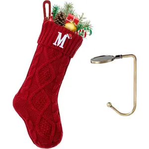 18" Large Monogram Knitted Christmas Stockings with Embroidered Initial Letter M, Hanging Decor for Xmas Party Fireplace, 1 Pack Red