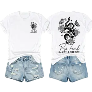 Be Real Not Perfect Snake And Rose Butterfly Graphic Trending Womens Oversized Crewneck Tee Loose Fit Short Sleeve Casual Outfit For Everyday Soft Breathable Cotton Blend