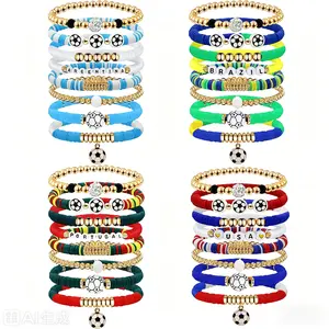 Hand Star Colorful Stackable Letter Bead Bracelets - Football Theme, Elastic Stretch, Clay Beads, Gold-Plated Accents, Charms, FIFA World Cup Sports Fan Jewelry for Brazil/USA Fans