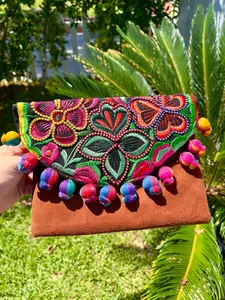 Mexican Embroidered Purse Bolsa Mexicana with Colorful Floral Design & Tassel Accents Handmade Clutch Bag