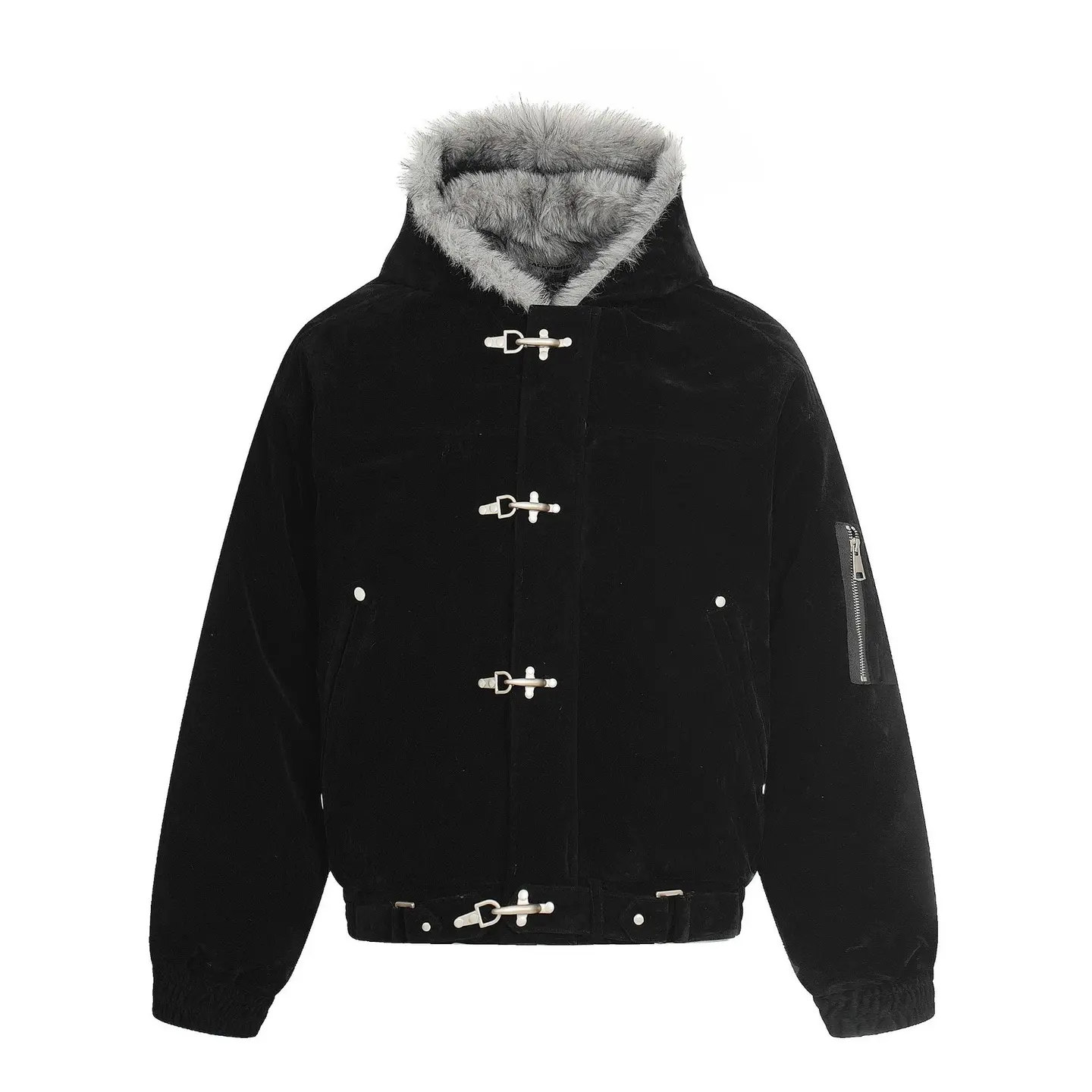 Inflation Washed Corduroy Fireman Buckle Bomber Jacket Faux Fur Trim Hood Oversized Sleeve Zip Pocket Streetwear Outerwear 2026 Winter