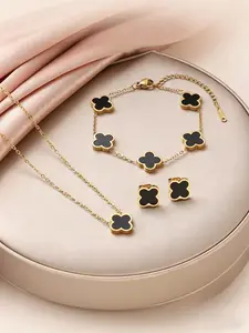 3Pcs Gold Plated Black Clover Matching Jewelry Set, Dainty Enamel Quatrefoil Necklace Bracelet Earrings Combo, Fashion Lucky Clover Gift for Her