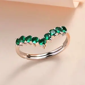 18k White Gold Plated Emerald Wishbone Ring – Vintage Tiara Design, CZ Accents