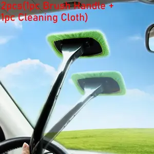 2pcs(1pc Brush Handle + 1pc Cleaning Cloth)New Car Mop Cleaning Windows Windshield Fog Cleaning Tool Brush Washing Rag Wipe Duster Home Office Auto Windows Glass Cloth
