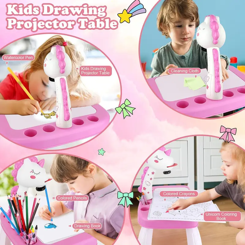 Drawing Projector for Kids, Art and Crafts, Drawing Board with Music, Color Pens, Pencils, Crayons, Scrapbook, Unicorn Sticker Book, Ideal Toy for 3+ Year Old Girls & Boys (Unicorn Kit) 4
