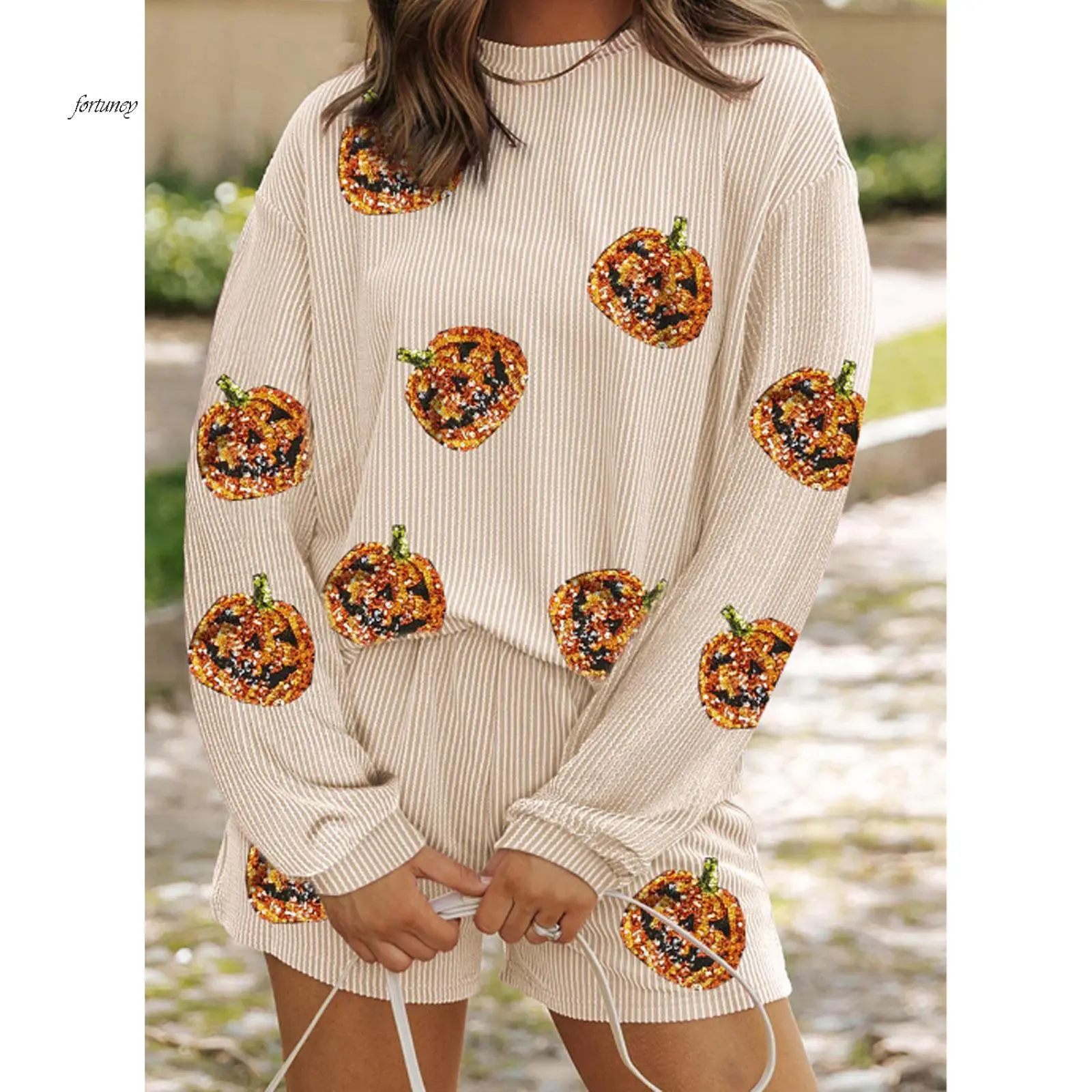 Women's 2 Piece Lounge Outfits Long Sleeve O Neck Sequins Pumpkin/Sequins Santa Claus Pullover Shorts Sets