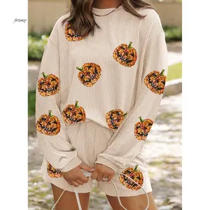 Women's 2 Piece Lounge Outfits Long Sleeve O Neck Sequins Pumpkin/Sequins Santa Claus Pullover Shorts Sets