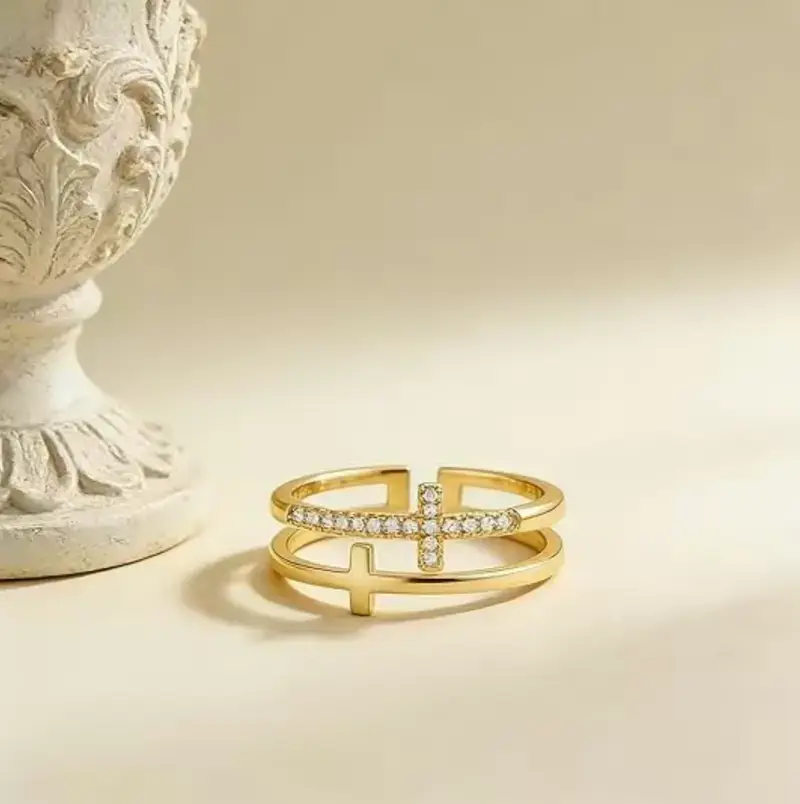 14-Carat Gold Plated Adjustable Double-Layer Double Rings - Micro Pave Zircon Inlaid, Cross Details, Hamsa Hand Pattern Ring Stack - Authentic Style Daily Wear Accessory, Ideal Anniversary Gift