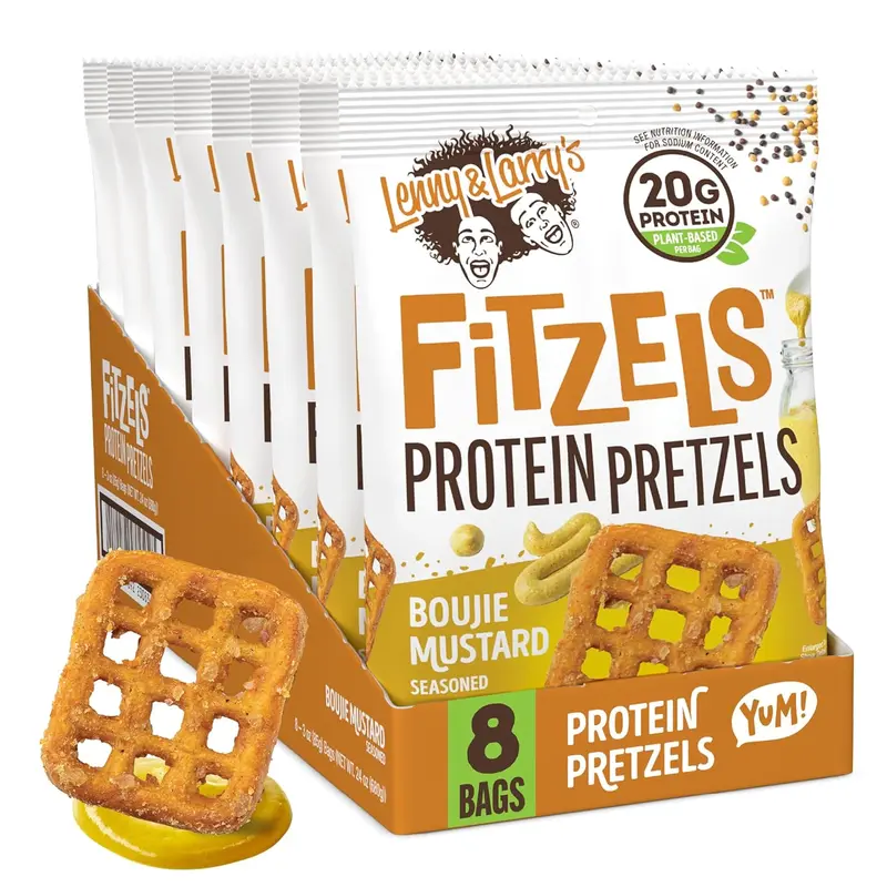 Lenny & Larry's Boujie Mustard FITZELS- Savory Pretzel Snacks Incredibly Tasty, High Protein, Salty, Vegan, 20 g's of Plant Based Protein 8 (eight) Bags, 3 oz Each
