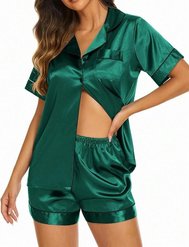 Silk Pajama Sets Womens 2 Pieces Short Sleeve Sleepwear Soft Button Down Loungewear Satin Pjs Shorts Lounge Set S XXL - Dark Green