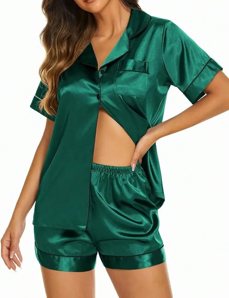 Silk Pajama Sets Womens 2 Pieces Short Sleeve Sleepwear Soft Button Down Loungewear Satin Pjs Shorts Lounge Set S XXL - Dark Green