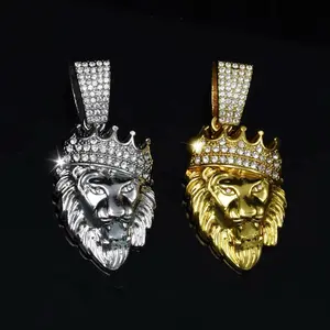 Iced Out Crown Lion Head Pendant with Rope Chain - Gold & Silver Plated, Featuring Golden and Silver Lions, Elegant Design