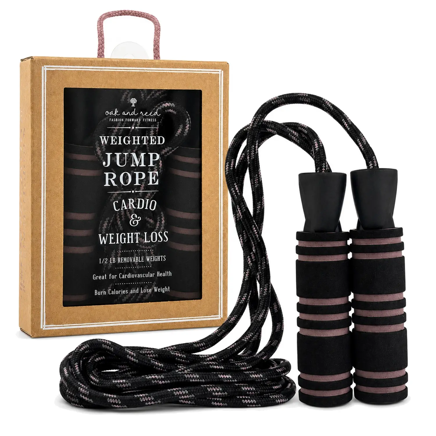 Oak and Reed Weighted Jump Rope with Foam Handles | Adjustable 9.5 ft rope with removable handle weights and soft foam grips for cardio, fitness, and home workouts